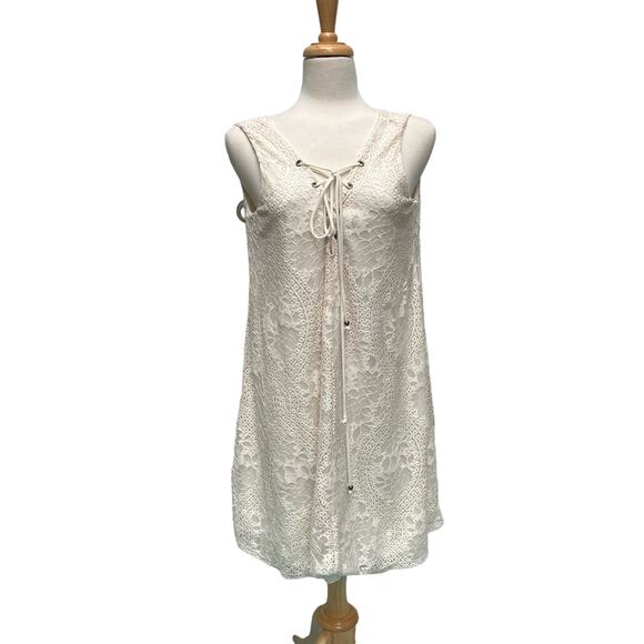 Altar’d State Tent Mini Dress Sz Lg Ivory Tie Neck Lace Crochet Boho Festival - Picture 1 of 10